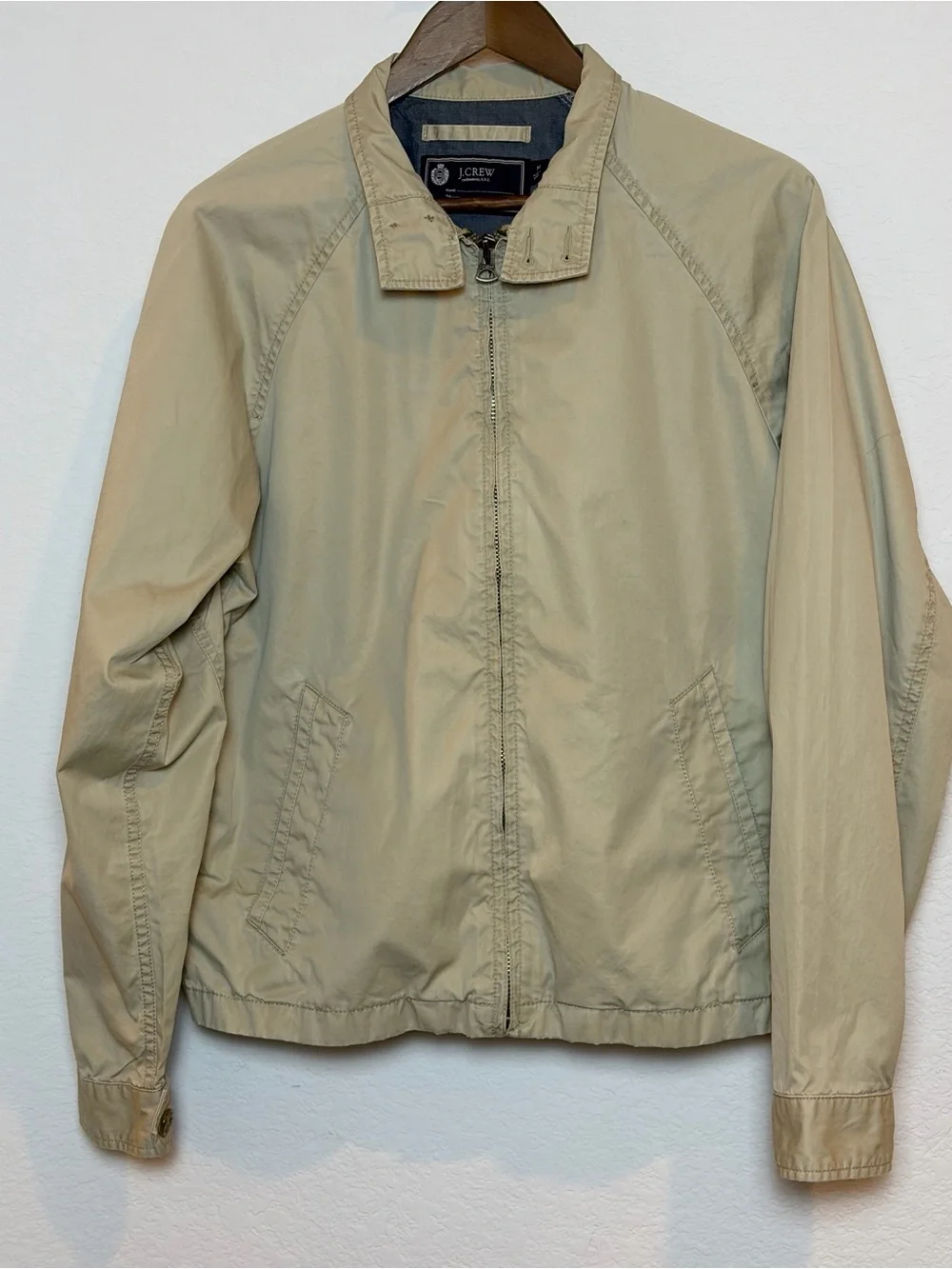 J. Crew Mens Cotton Harrington Jacket Size M Beige Khaki Tan Full Zip Coat